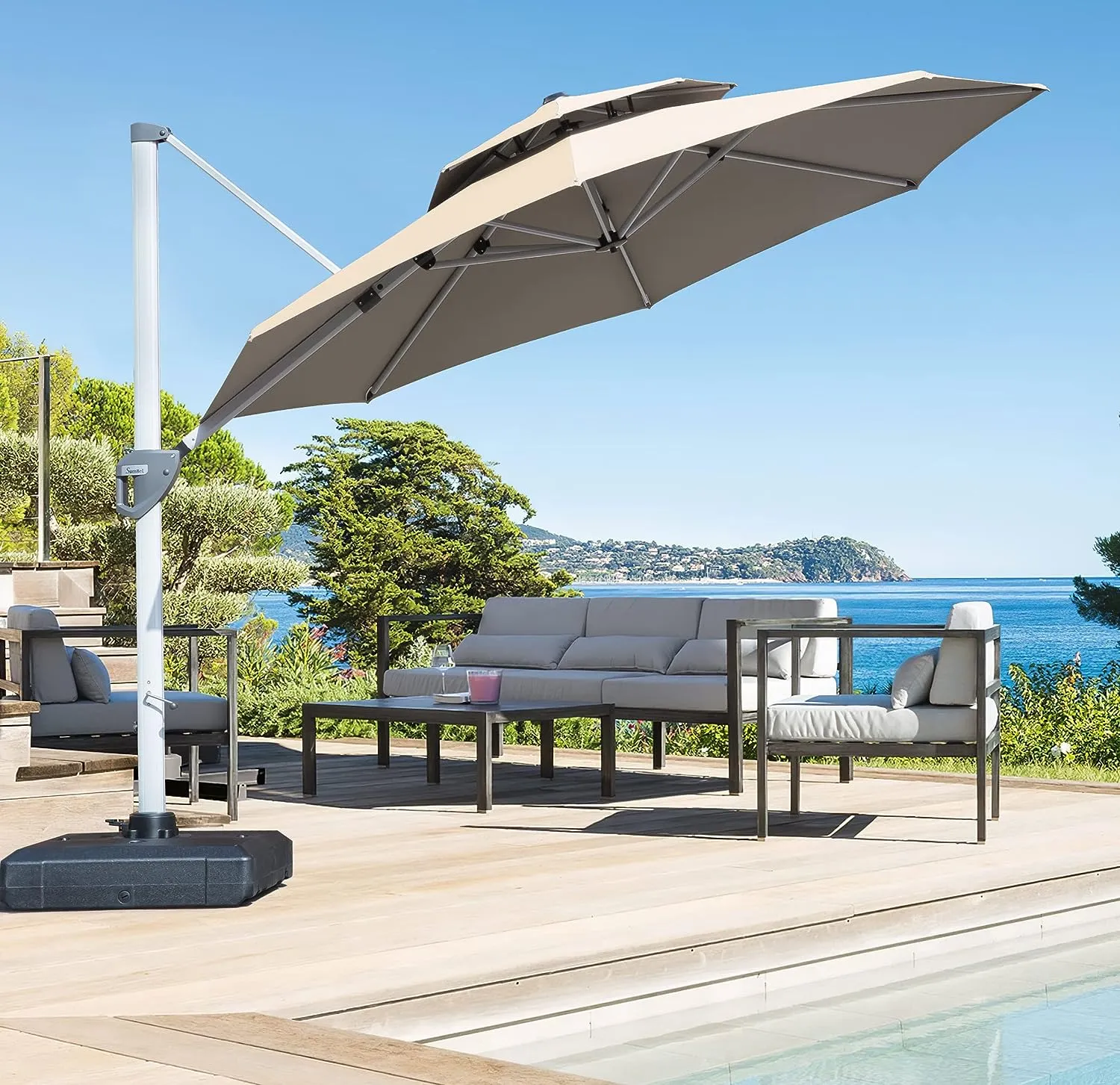 11 Feet Round Patio Umbrella Aluminum Frame Cantilever Umbrella Large Outdoor Umbrella Windproof Offset Umbrella Heavy Duty Sturdy Umbrella for Pool, Deck, Garden, Beach, Porch