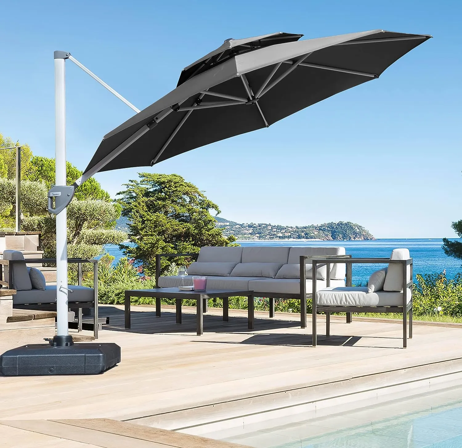 11 Feet Round Patio Umbrella Aluminum Frame Cantilever Umbrella Large Outdoor Umbrella Windproof Offset Umbrella Heavy Duty Sturdy Umbrella for Pool, Deck, Garden, Beach, Porch