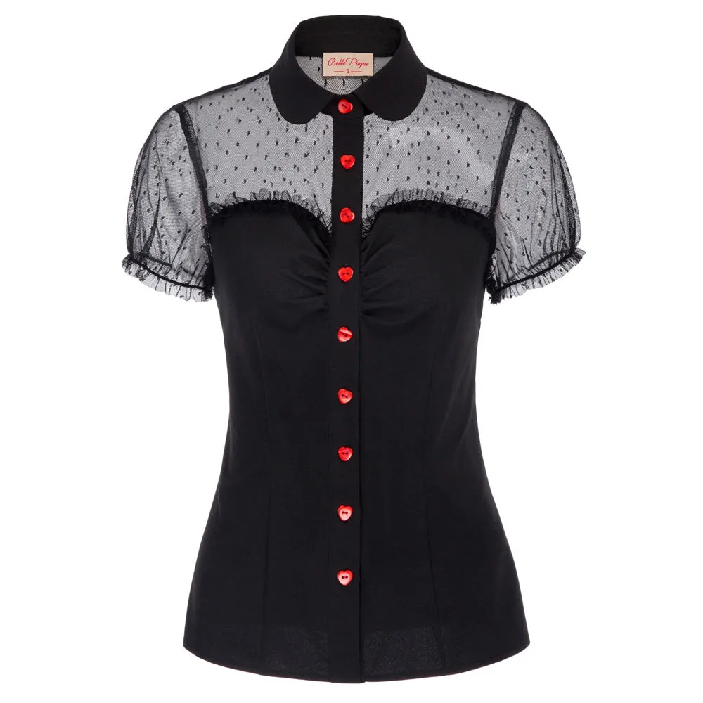 1950s Retro Vintage Shirts Polka Dots Mesh Rockabilly Blouse Short Sleeves Tops