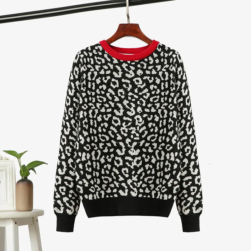 2022 Autumn Women O-Neck Pullovers Leopard Print Women Vintage Sweater Knitting Women Winter Sweater