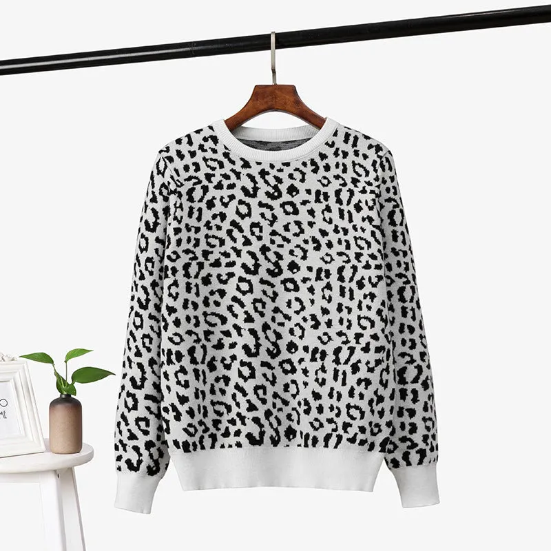 2022 Autumn Women O-Neck Pullovers Leopard Print Women Vintage Sweater Knitting Women Winter Sweater