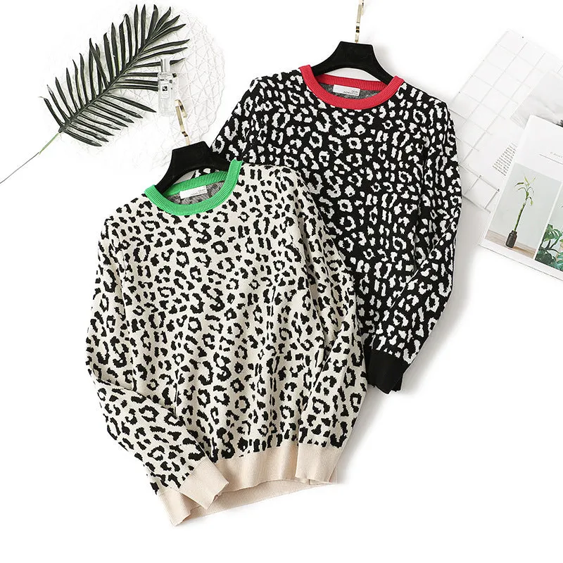 2022 Autumn Women O-Neck Pullovers Leopard Print Women Vintage Sweater Knitting Women Winter Sweater