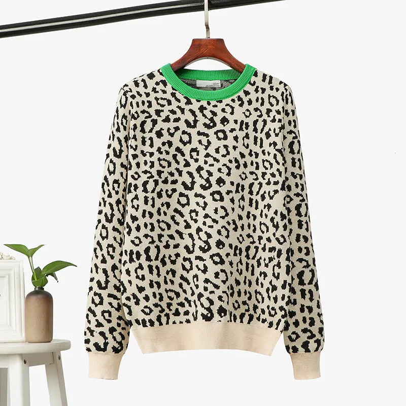 2022 Autumn Women O-Neck Pullovers Leopard Print Women Vintage Sweater Knitting Women Winter Sweater