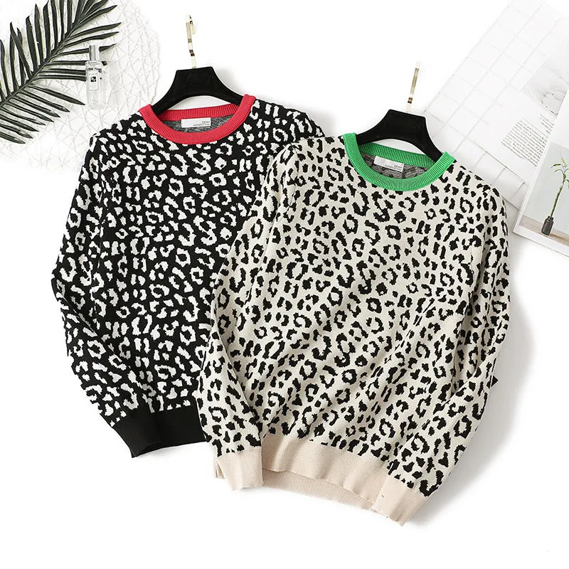 2022 Autumn Women O-Neck Pullovers Leopard Print Women Vintage Sweater Knitting Women Winter Sweater