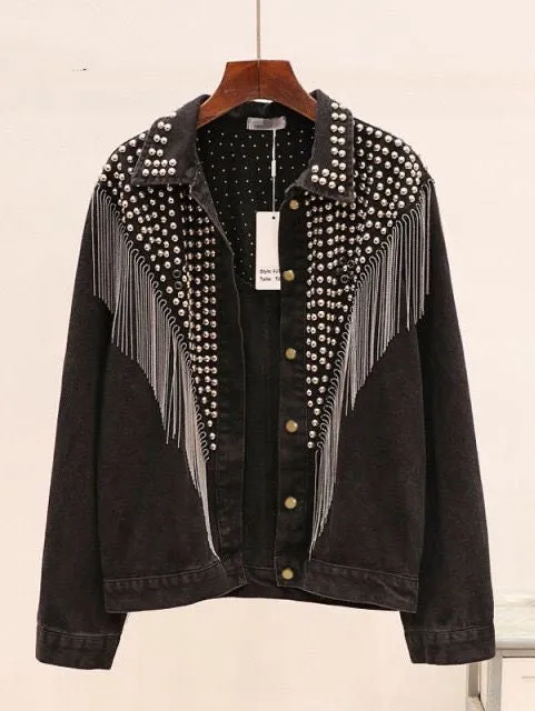 2022 Western Denim Jacket Women Hand-studded Rivet Tassel Chain Cowgirl Jacket