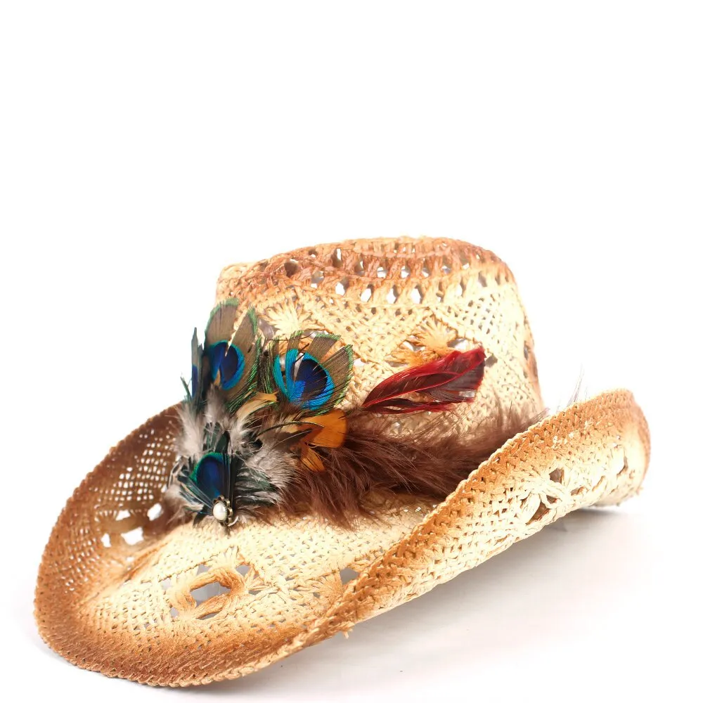 2022 Women Straw Hollow Western Cowboy Hat Lady Handmade Peacock Feather Sombrero Hombre Beach Cowgirl Jazz Sun Hat Size 56-58CM