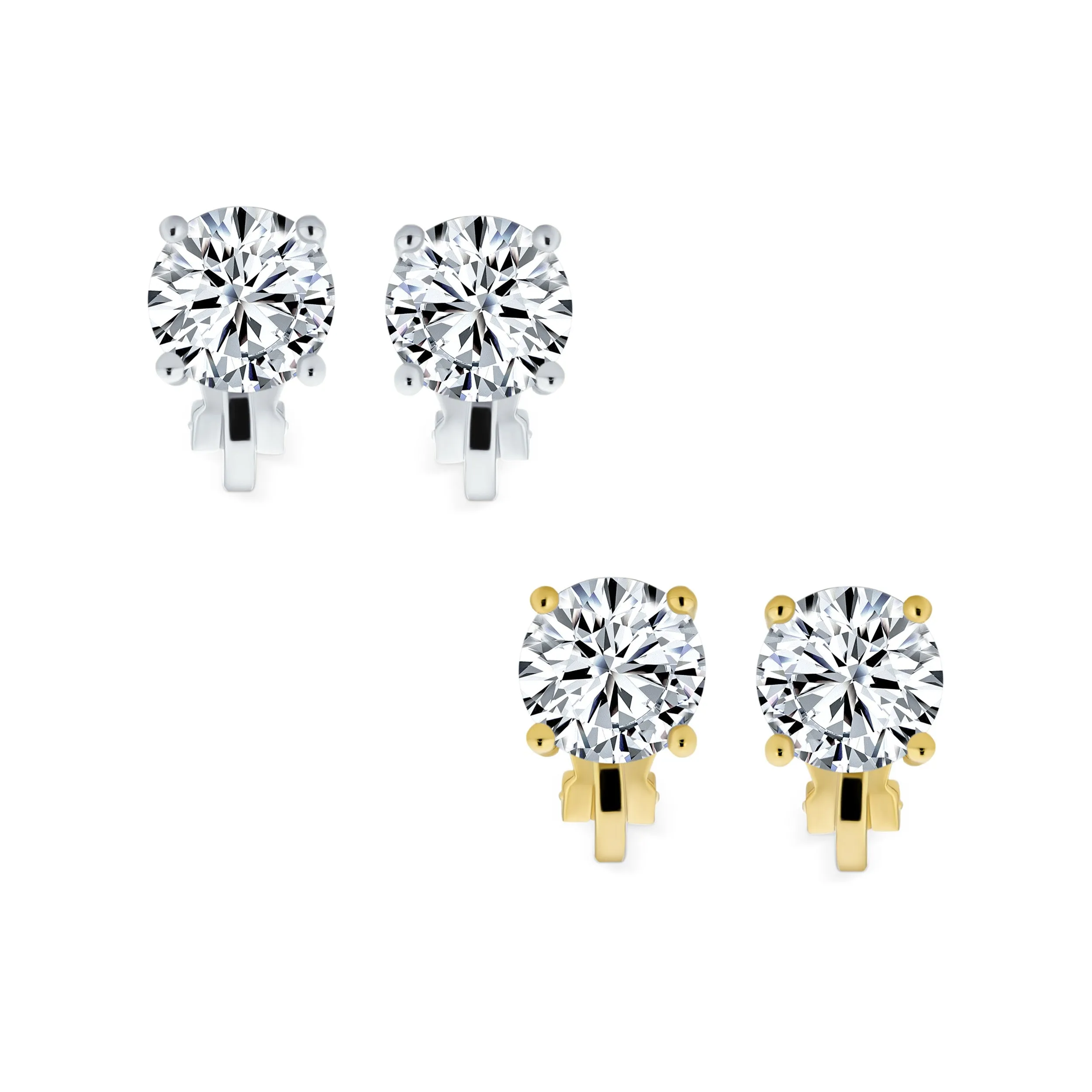 2CT AAA CZ Solitaire Clip On Stud Earrings Gold & Silver Plated Gemstone Colors