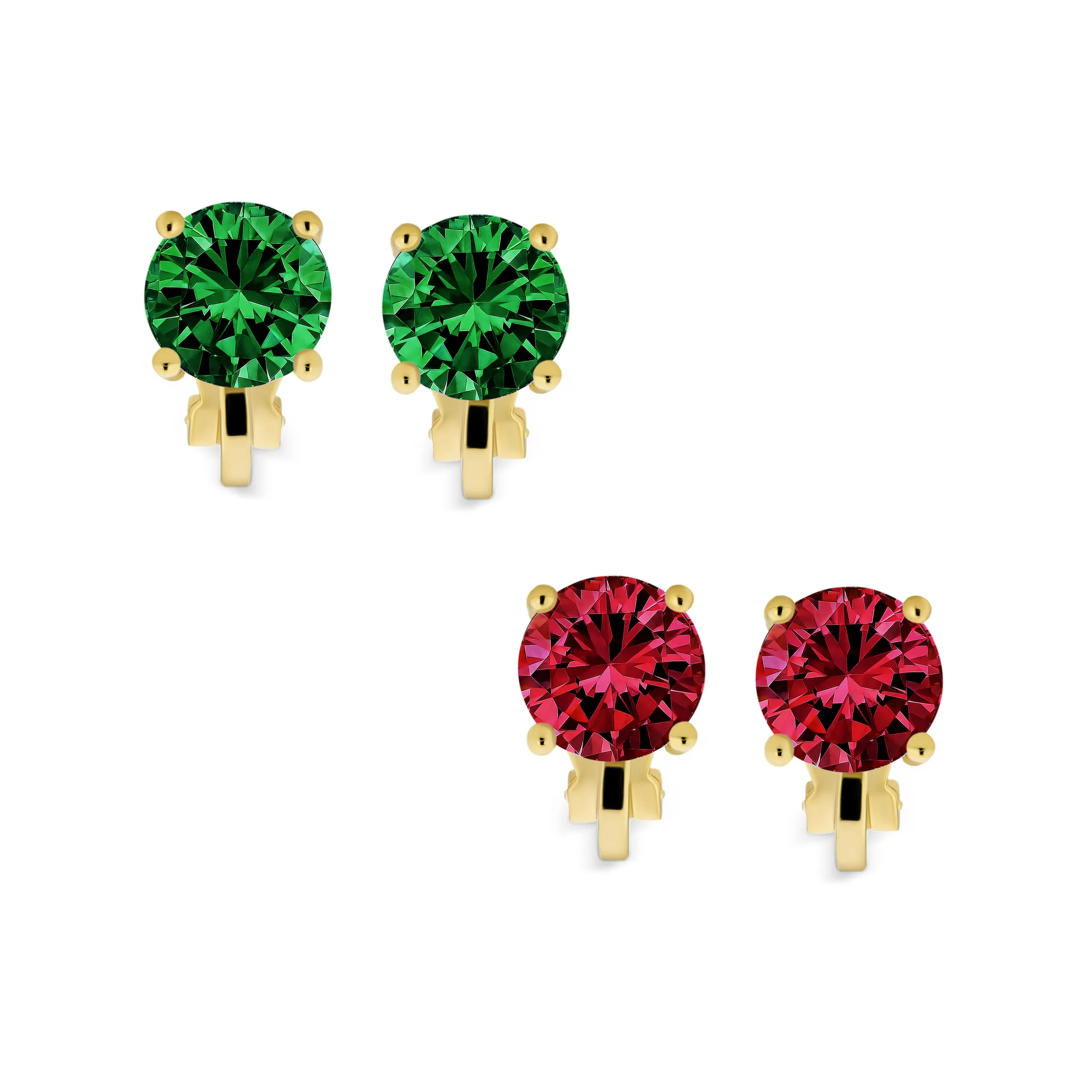 2CT AAA CZ Solitaire Clip On Stud Earrings Gold & Silver Plated Gemstone Colors