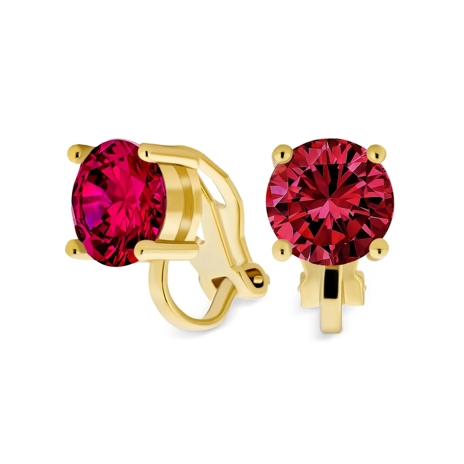 2CT AAA CZ Solitaire Clip On Stud Earrings Gold & Silver Plated Gemstone Colors