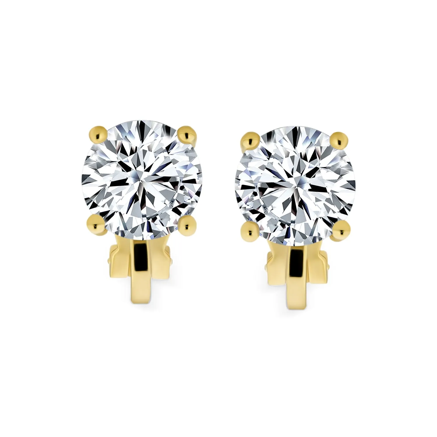 2CT AAA CZ Solitaire Clip On Stud Earrings Gold & Silver Plated Gemstone Colors