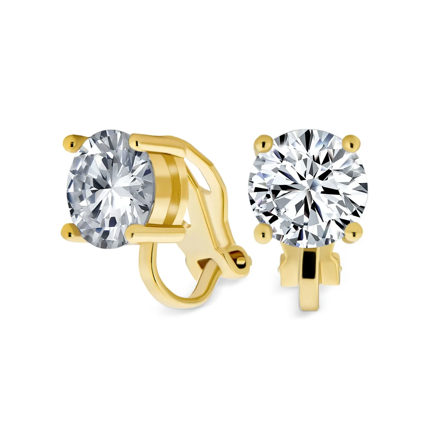 2CT AAA CZ Solitaire Clip On Stud Earrings Gold & Silver Plated Gemstone Colors