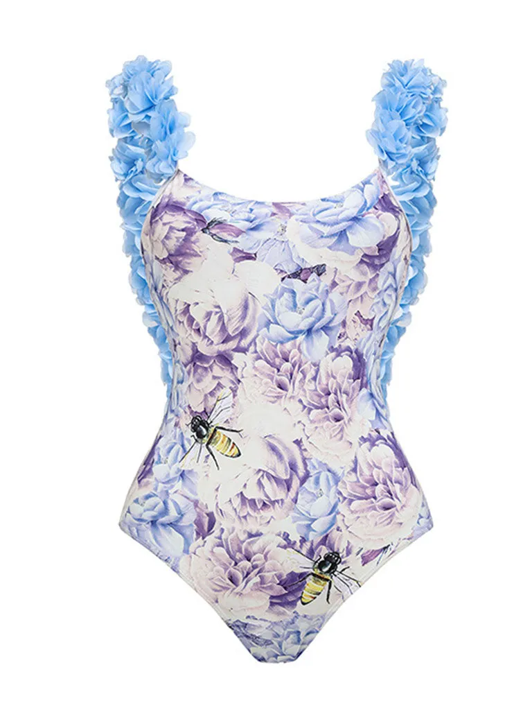 2PS Blue Flower One Piece With Bathing Suit Warp Skirt