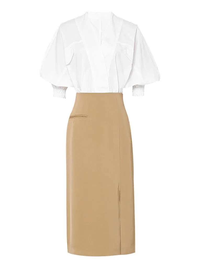 2PS V Neck White Shirt And Khaki Split Sexy Bodycon Skirt Suit