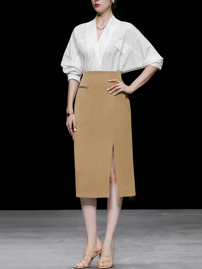 2PS V Neck White Shirt And Khaki Split Sexy Bodycon Skirt Suit