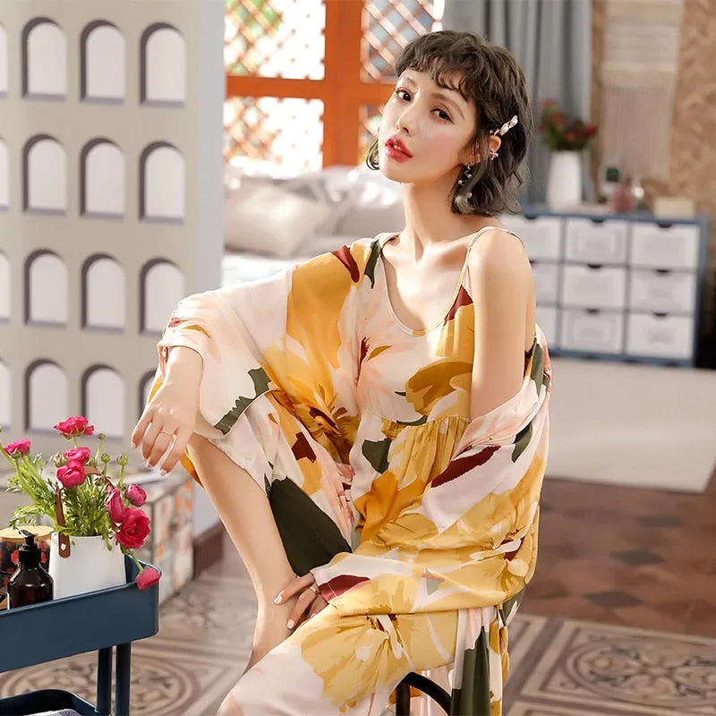 3 Pieces Soft Autumn Summer Women Pajamas Sets Floral Printed Sleepwear Robe Sling Top Pants Female Leisure Nightwear Suit