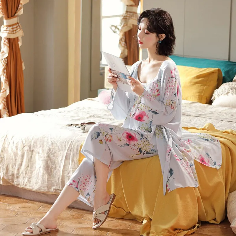 3 Pieces Soft Autumn Summer Women Pajamas Sets Floral Printed Sleepwear Robe Sling Top Pants Female Leisure Nightwear Suit