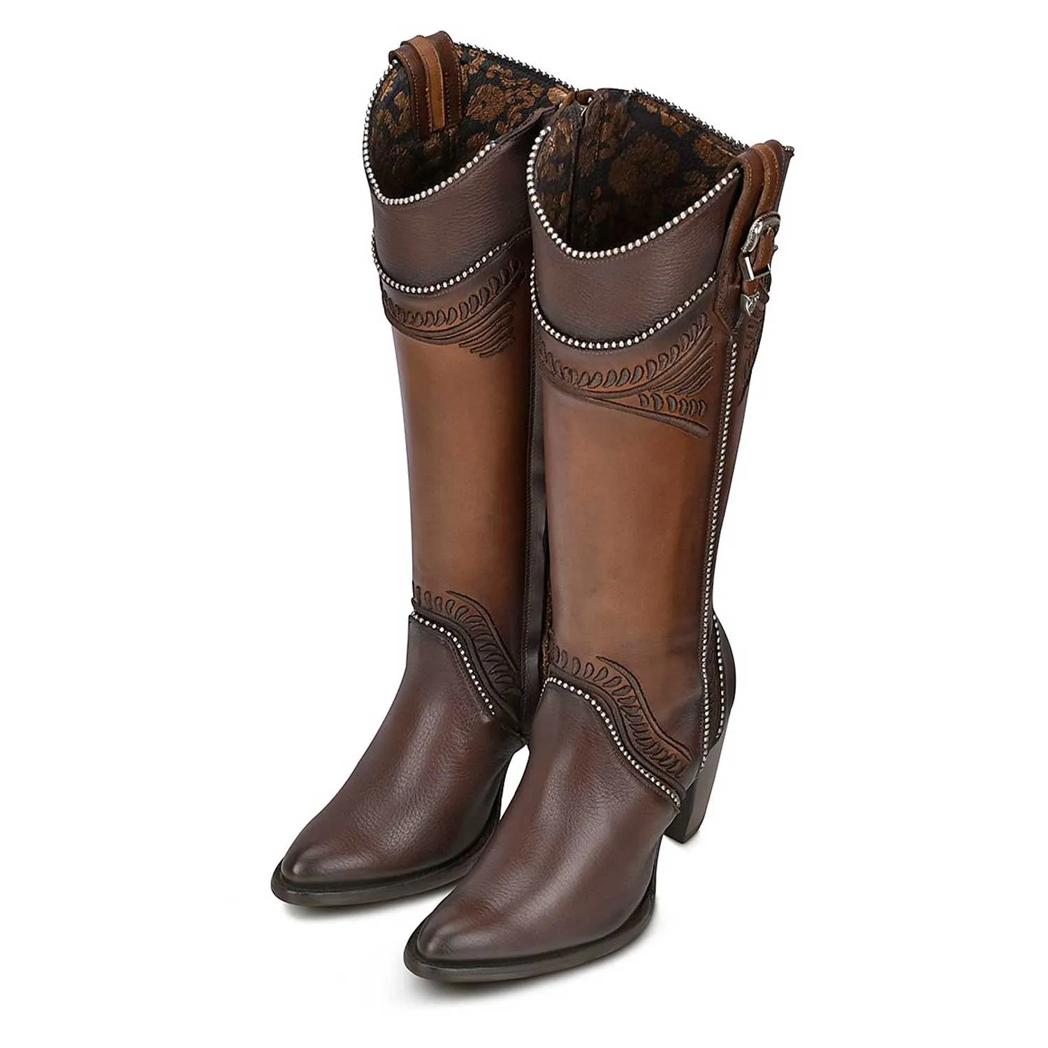 3F82RS - Cuadra brown western cowgirl cowhide leather knee high boots for women