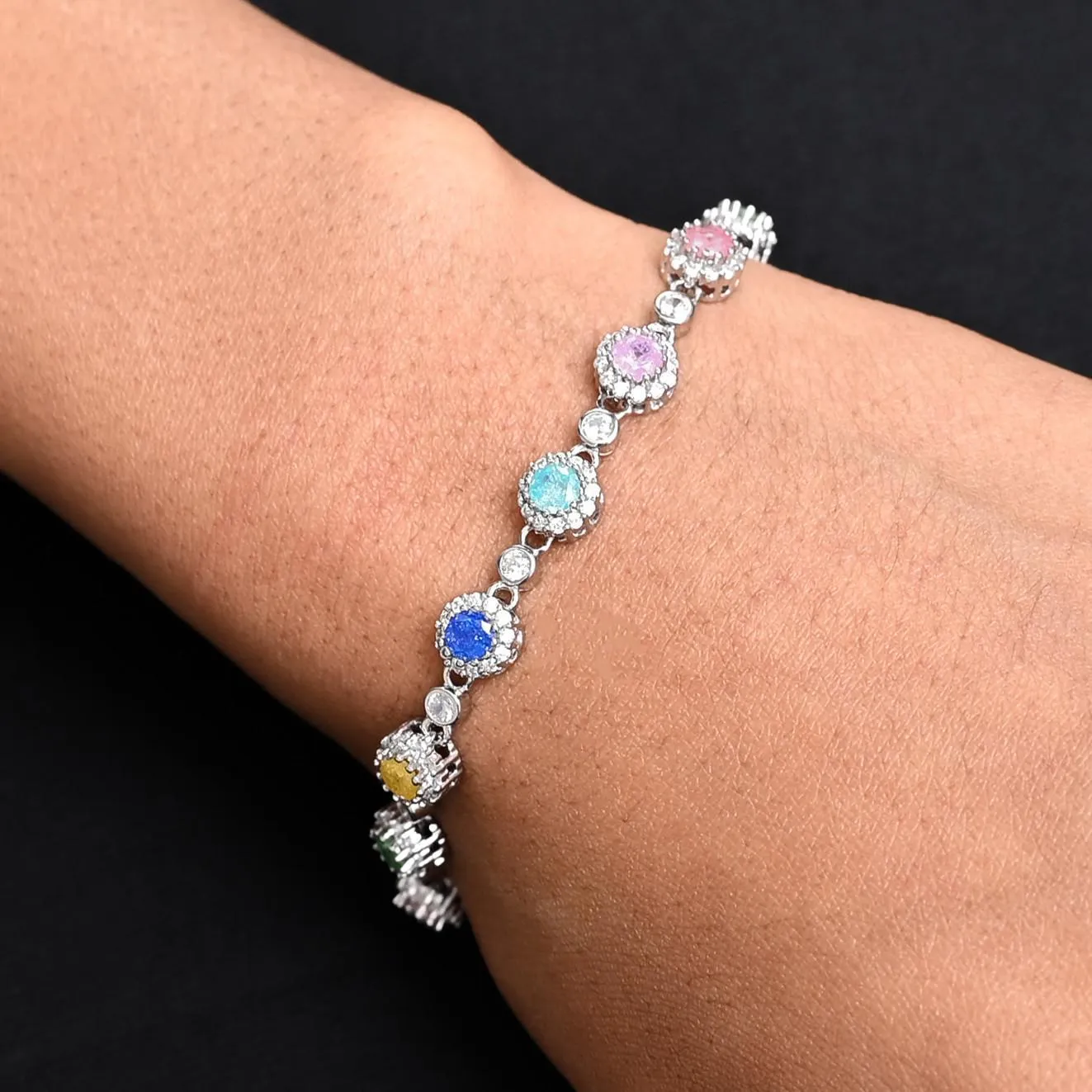 925 Silver Exclusive Round Colorful Gems Bracelet for Women