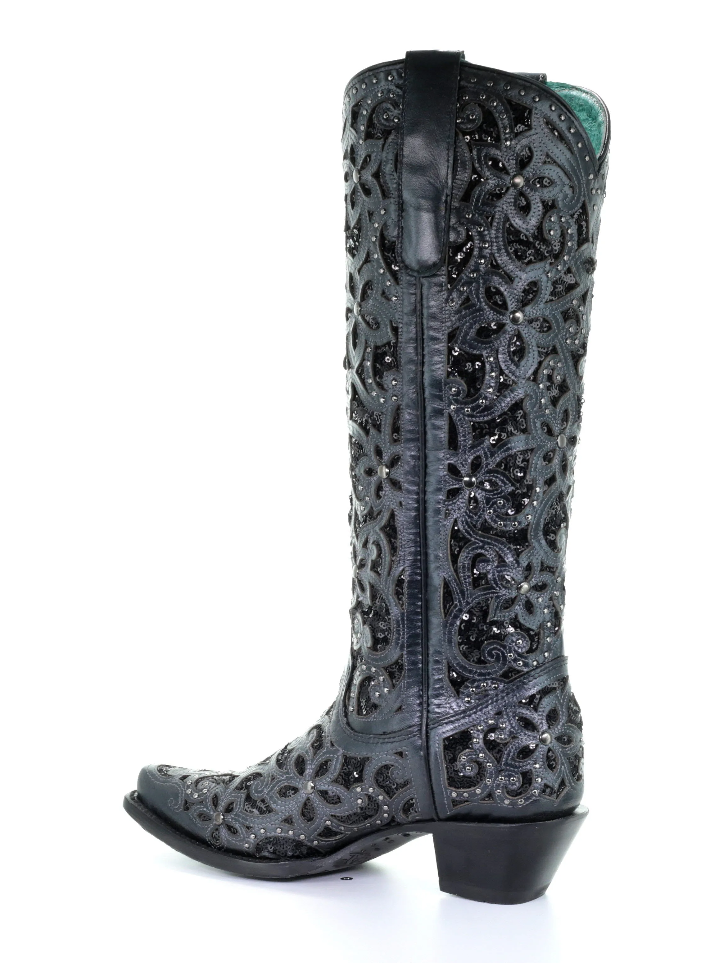 A3589 - Corral black western cowgirl leather sequins knee-high boots for women