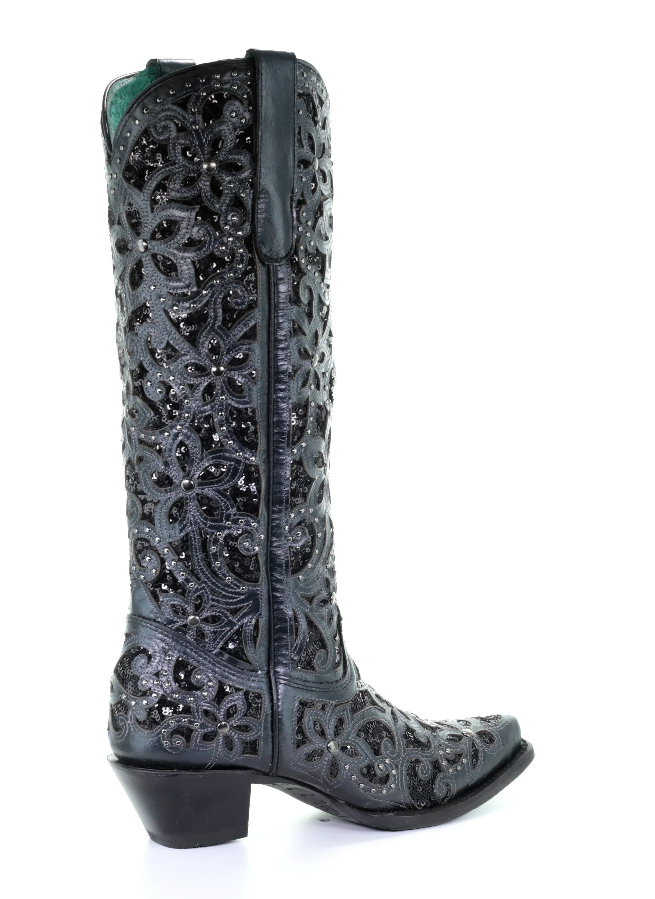 A3589 - Corral black western cowgirl leather sequins knee-high boots for women