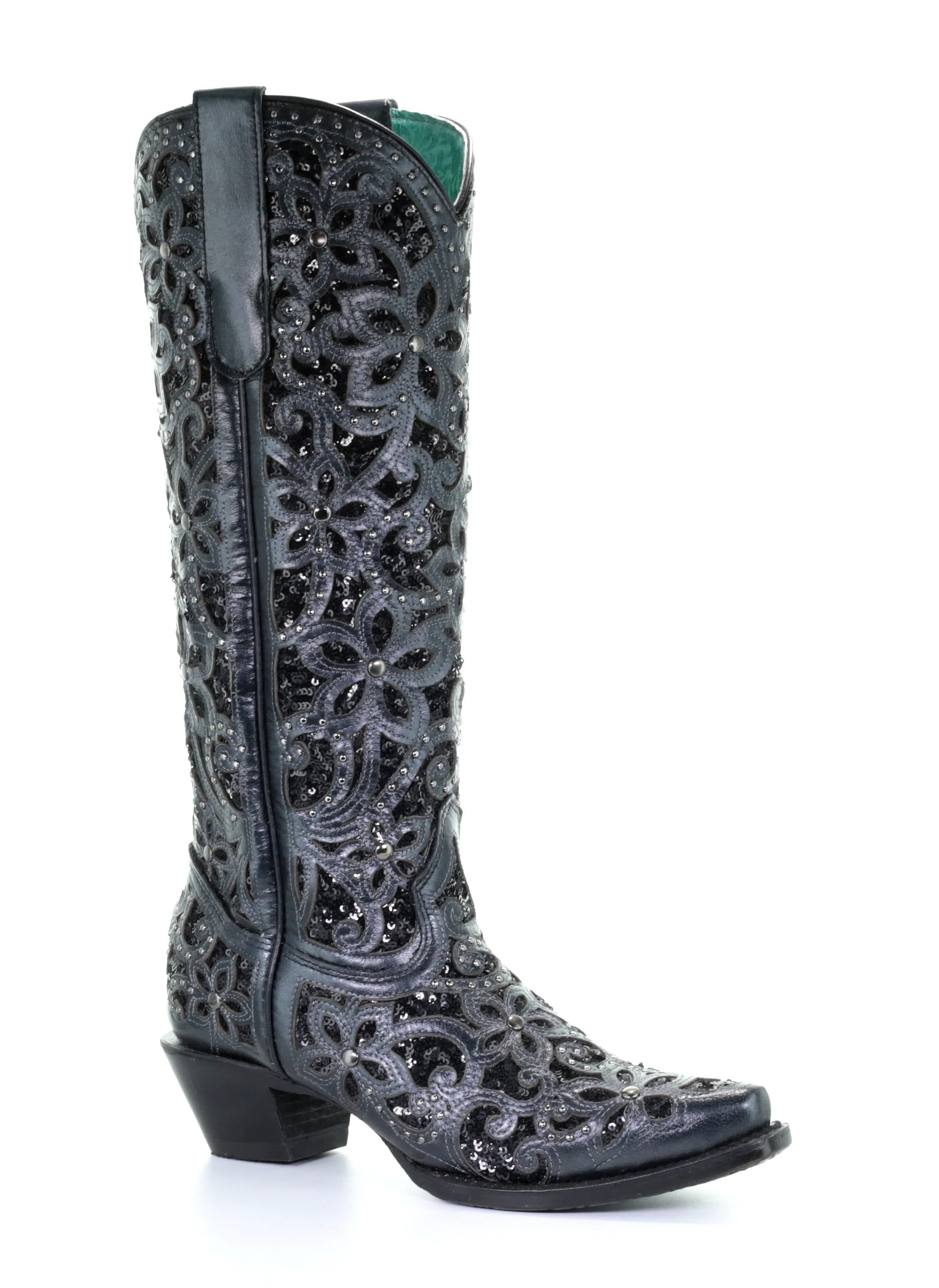 A3589 - Corral black western cowgirl leather sequins knee-high boots for women