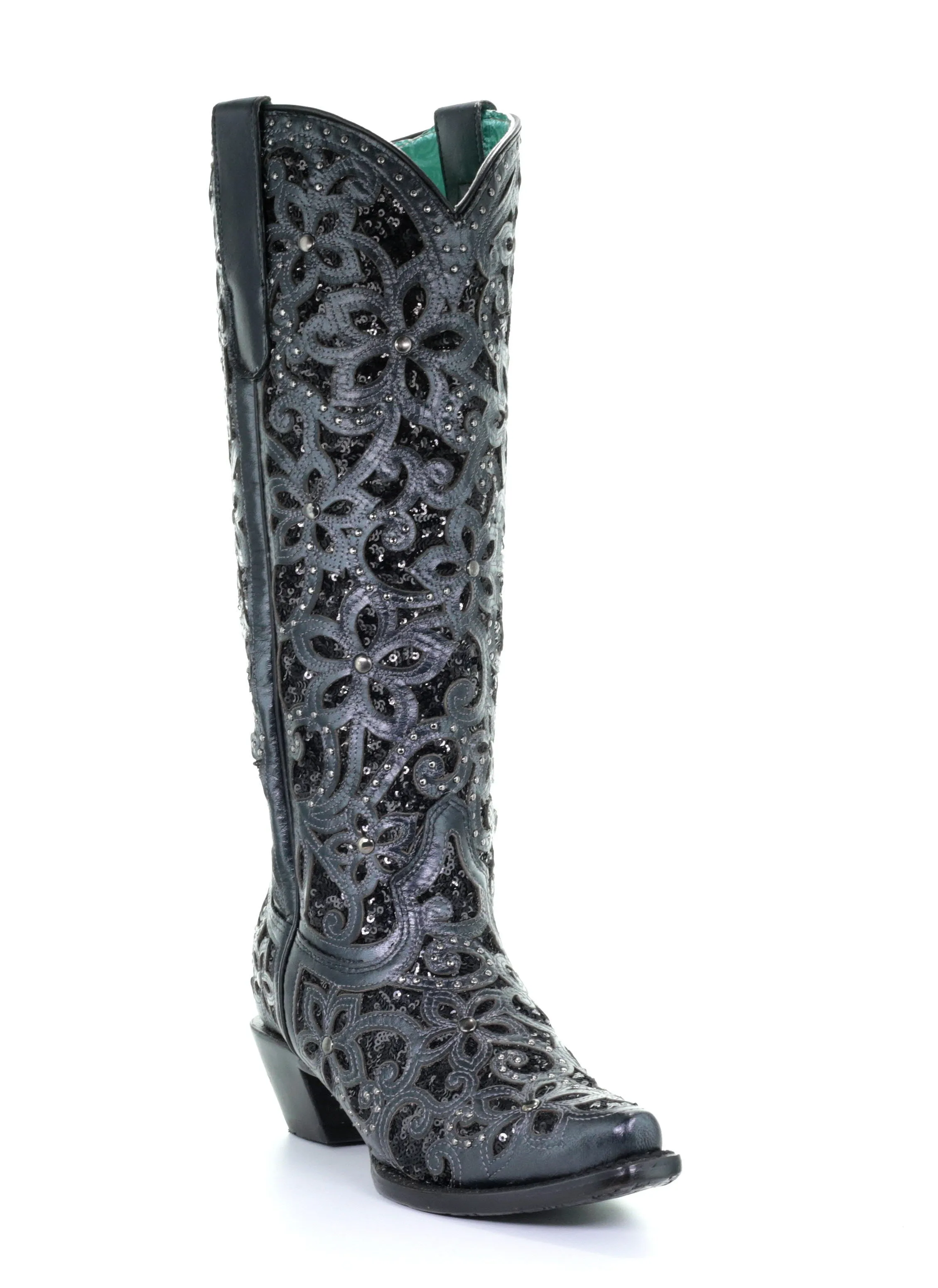 A3589 - Corral black western cowgirl leather sequins knee-high boots for women