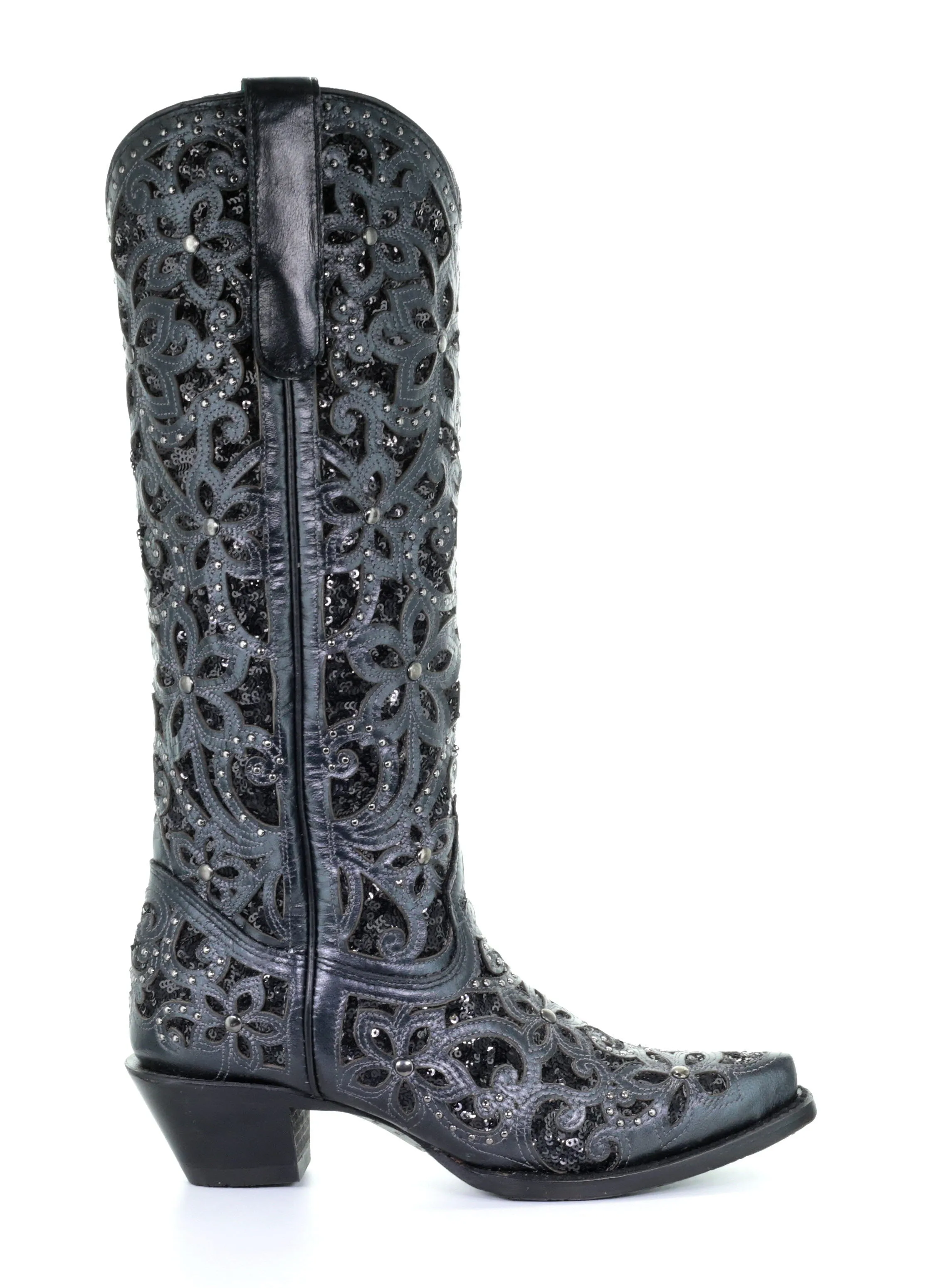 A3589 - Corral black western cowgirl leather sequins knee-high boots for women