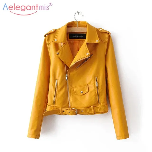 Aelegantmis Autumn New Short Faux Soft Leather Jacket Women Fashion Zipper Motorcycle PU Leather Jacket Ladies Basic Street Coat