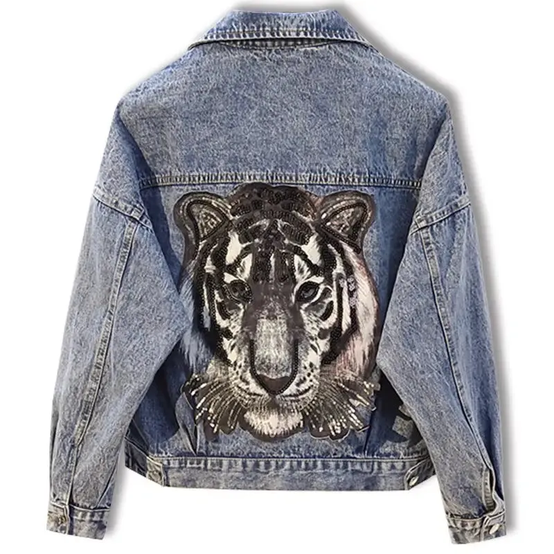 Aesthetic Sequined Tiger Denim Jacket