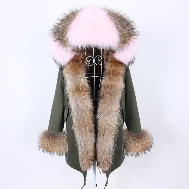 Army Green Color Women's Real Fur Winter Coat Jacket with Fur Collar