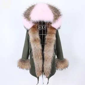 Army Green Color Women's Real Fur Winter Coat Jacket with Fur Collar