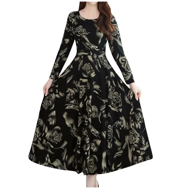 Autumn Winter Black Vintage Floral Chiffon