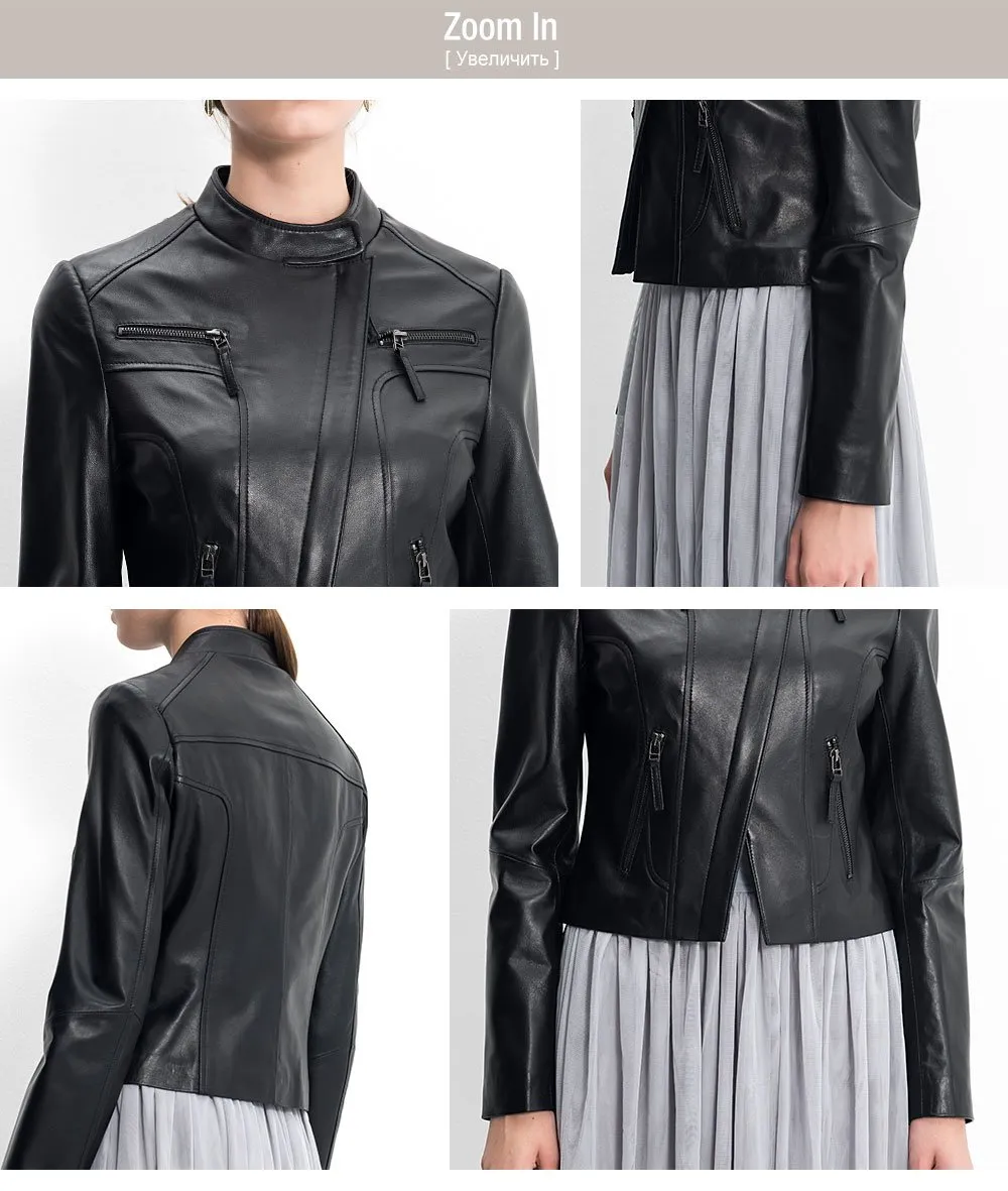 Autumn Women's Genuine Lambskin Leather Motorcycle Coat Jacket