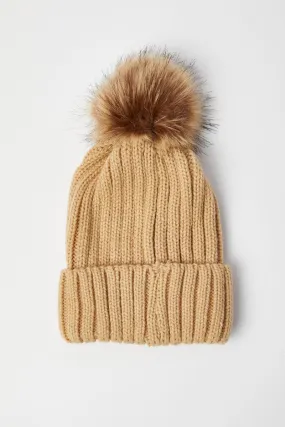 Beige Faux Fur Pom Pom Beanie