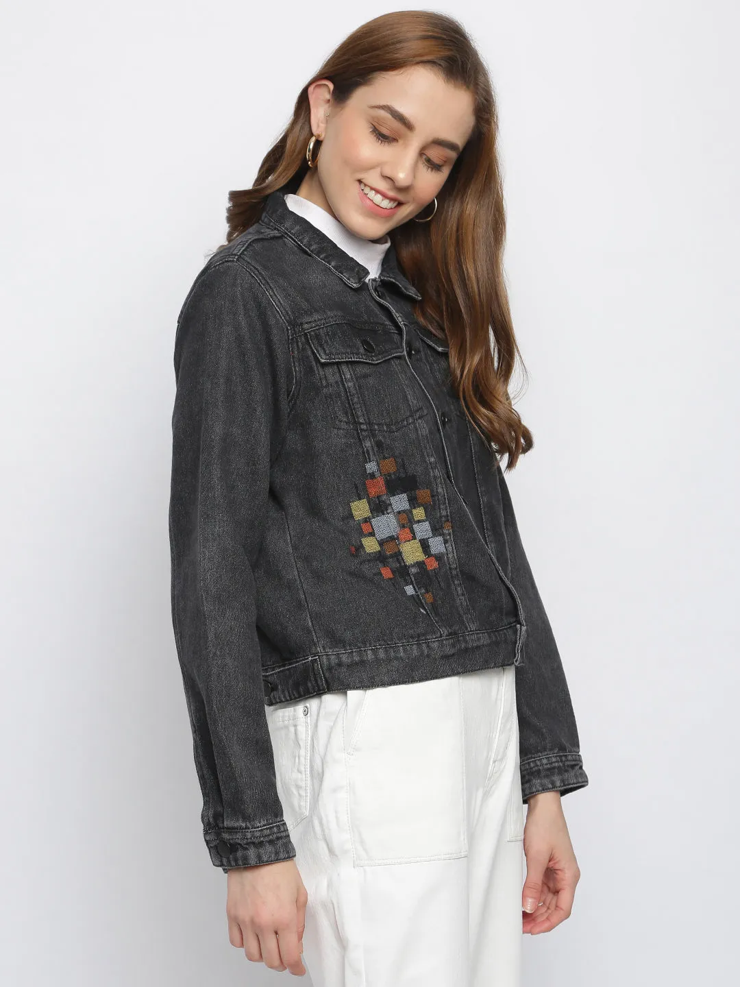 Black Embroidered Denim  Jacket