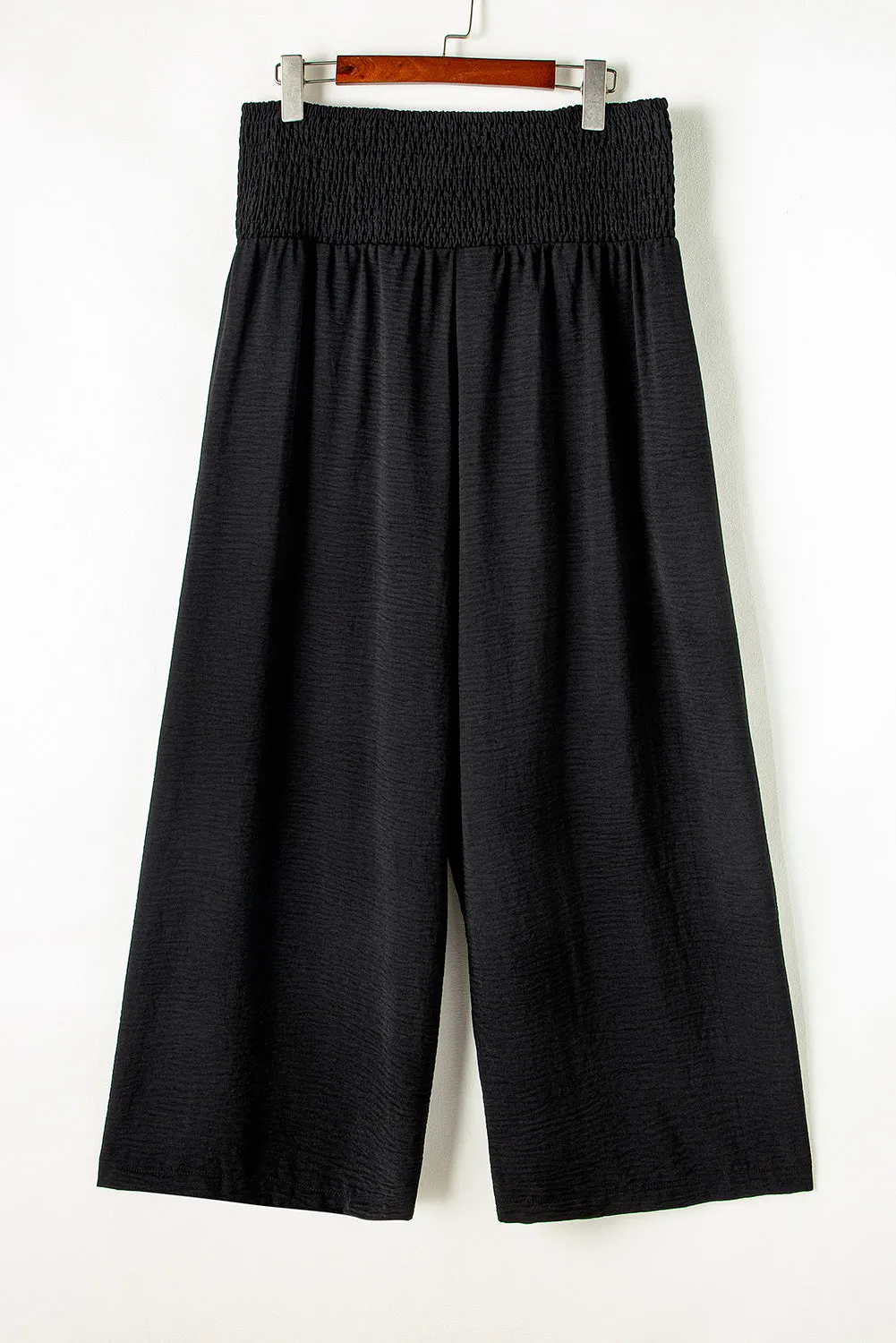 Black Shirred High Waist Plus Size Wide Leg Pants