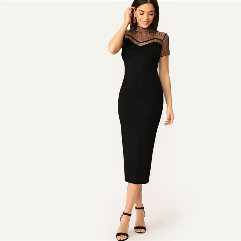 Black Striped Mesh Yoke Pencil Straight Plain Dress Women Casual Summer Morden Lady Stand Collar Bodycon Dresses