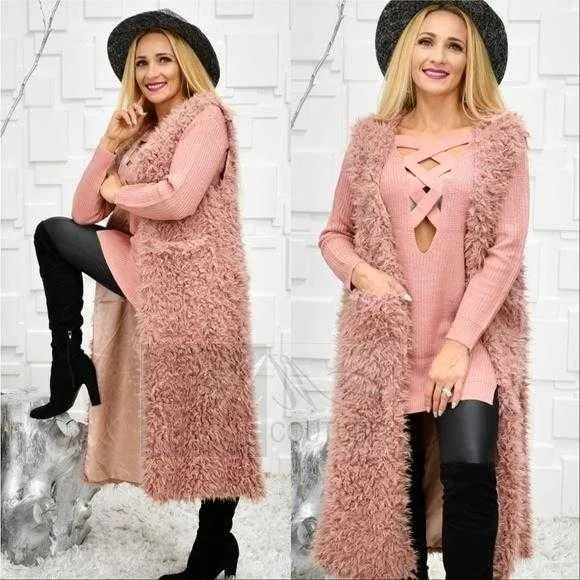 Blush Long Faux Fur Vest