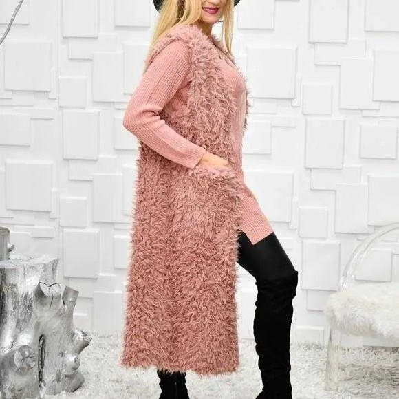 Blush Long Faux Fur Vest