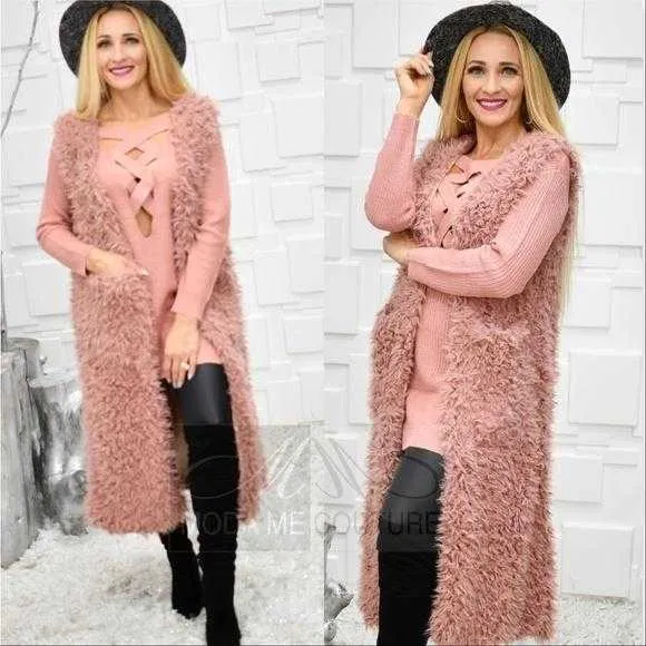 Blush Long Faux Fur Vest