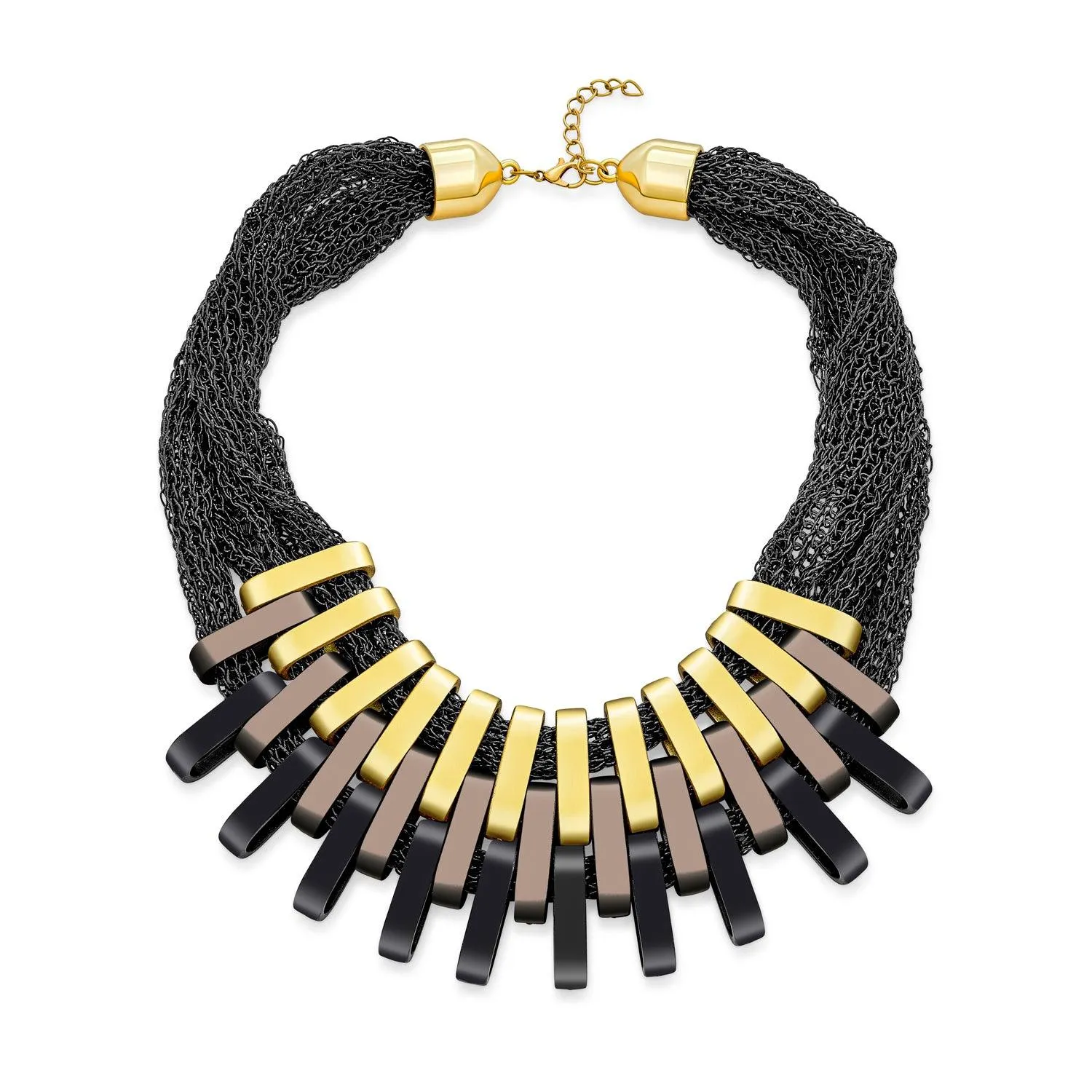 Bronze Black Matte Metallic Modern Urban Fan Bib Statement Necklace