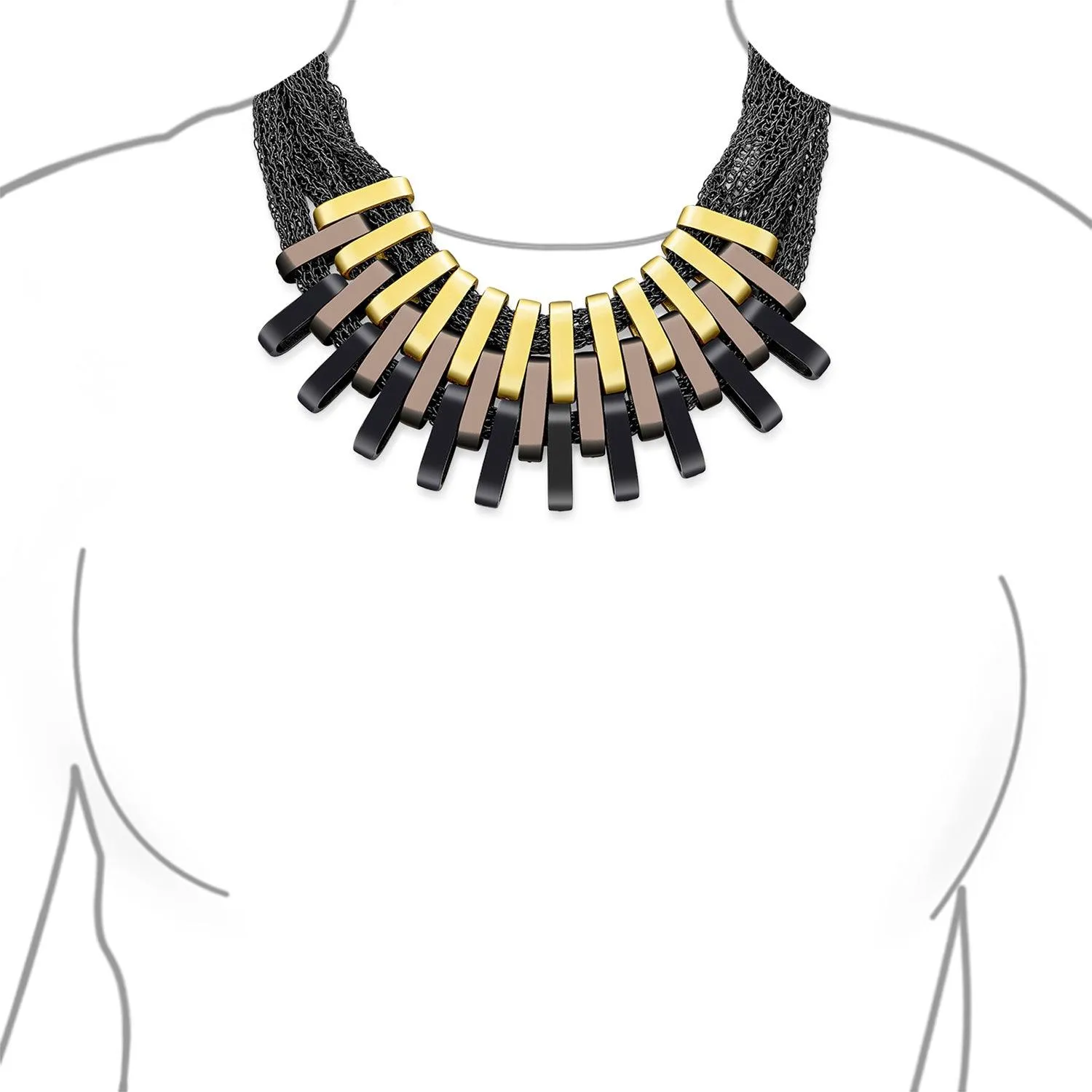 Bronze Black Matte Metallic Modern Urban Fan Bib Statement Necklace