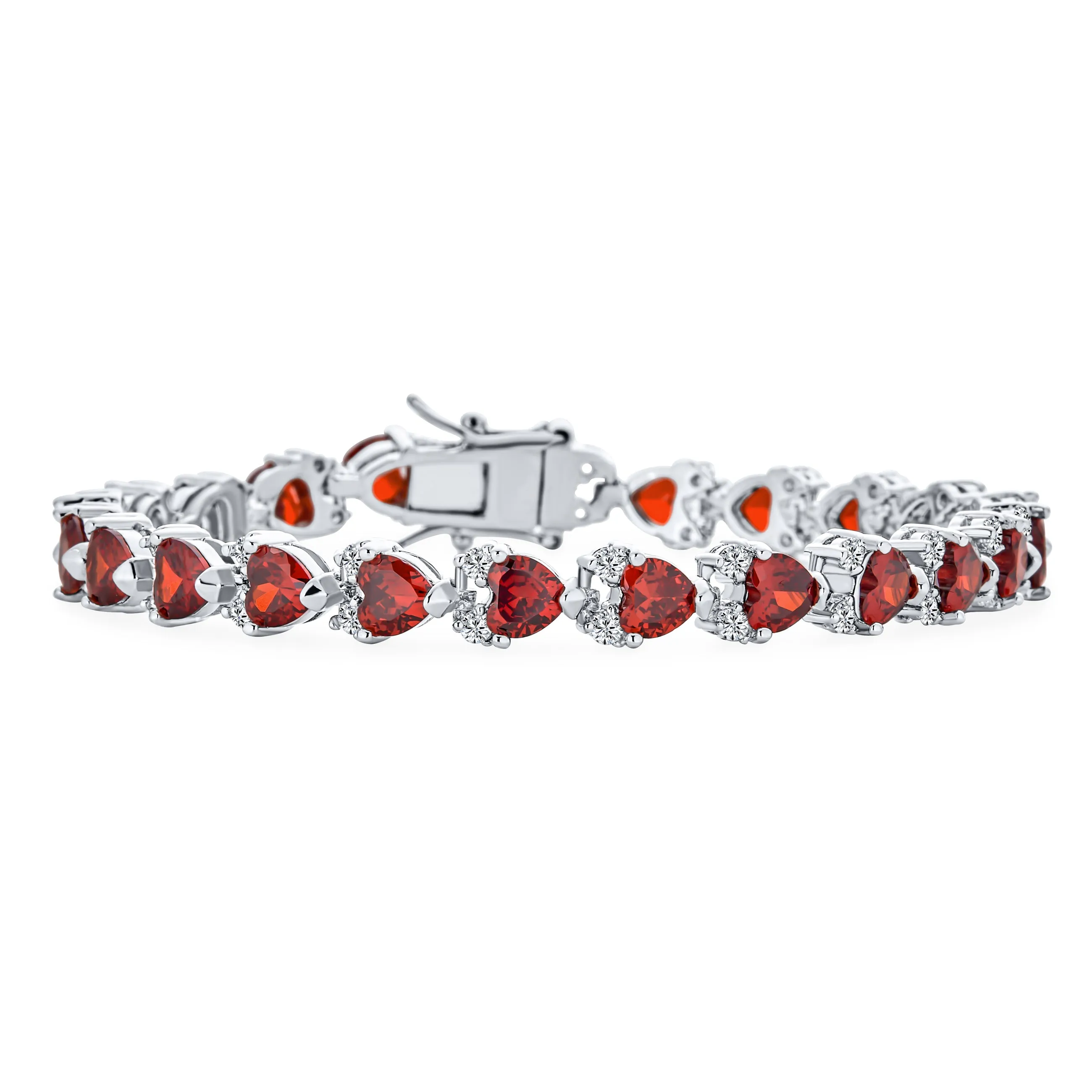 Clear Red Pink CZ Heart Shaped Tennis Bracelet Silver Plated 7,7.5"