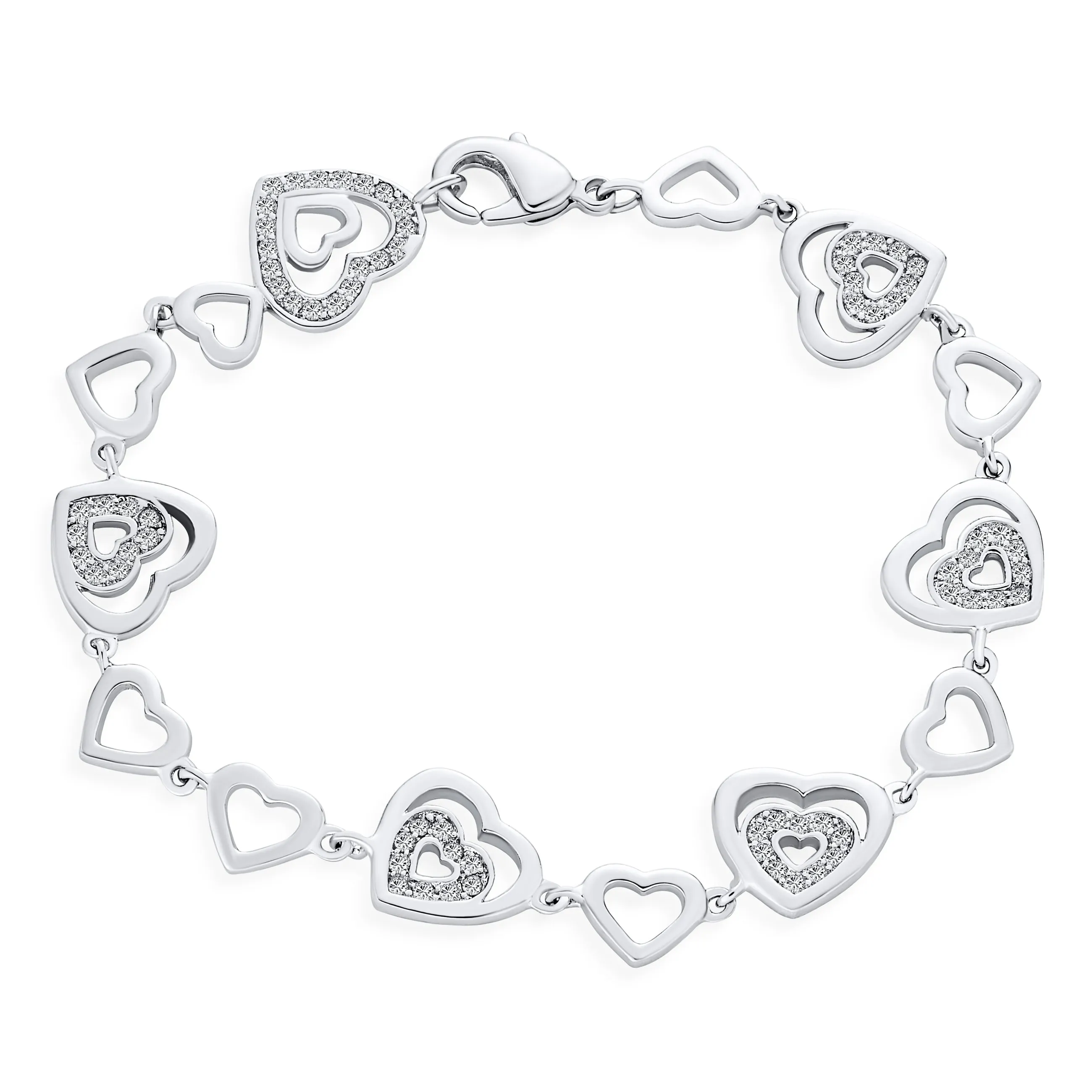 Clear Red Pink CZ Heart Shaped Tennis Bracelet Silver Plated 7,7.5"