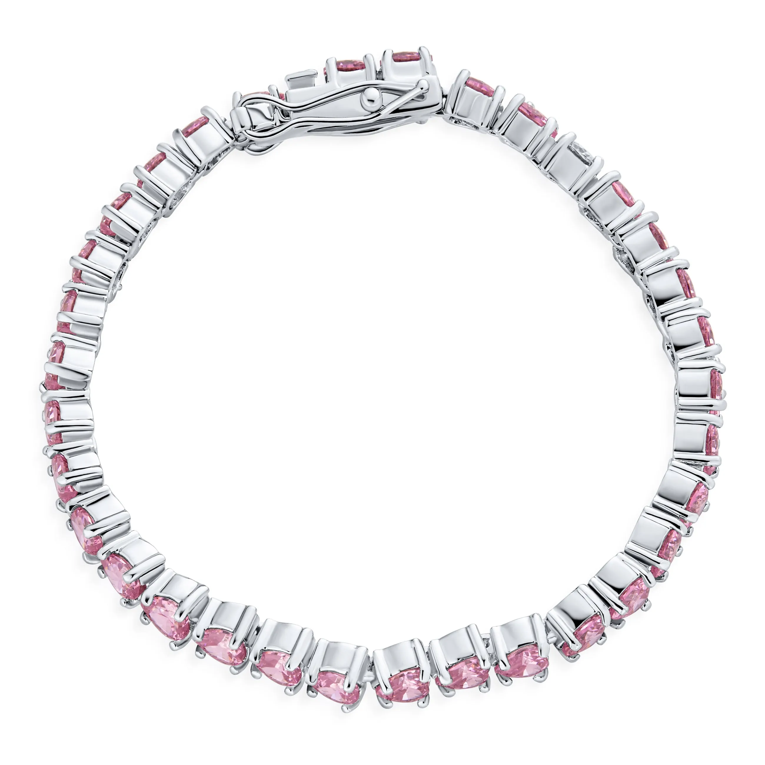 Clear Red Pink CZ Heart Shaped Tennis Bracelet Silver Plated 7,7.5"