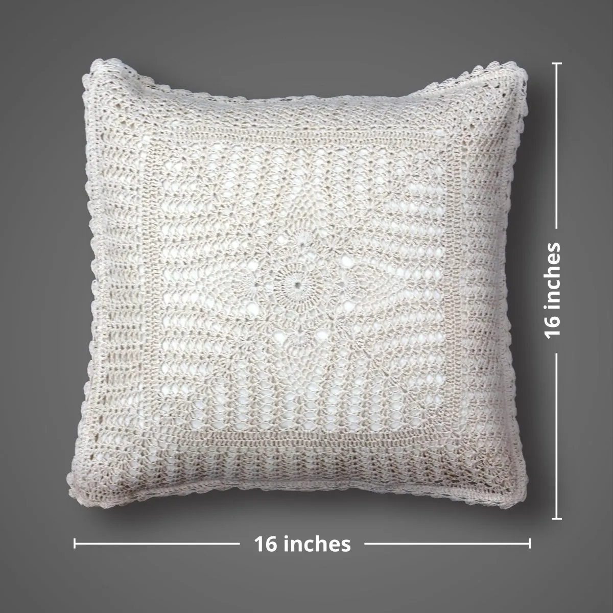 Crochet Cotton Square Cushion Cover With A Floret Pattern In White | Set Of 1/2/4 | 16" x 16" | Handmade In India