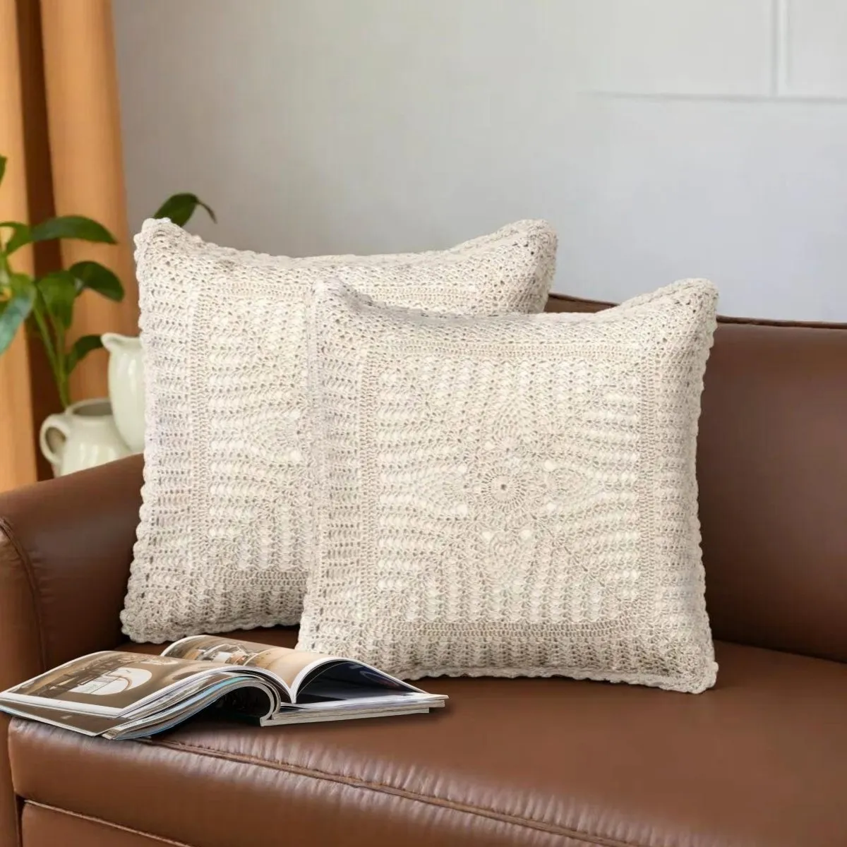 Crochet Cotton Square Cushion Cover With A Floret Pattern In White | Set Of 1/2/4 | 16" x 16" | Handmade In India