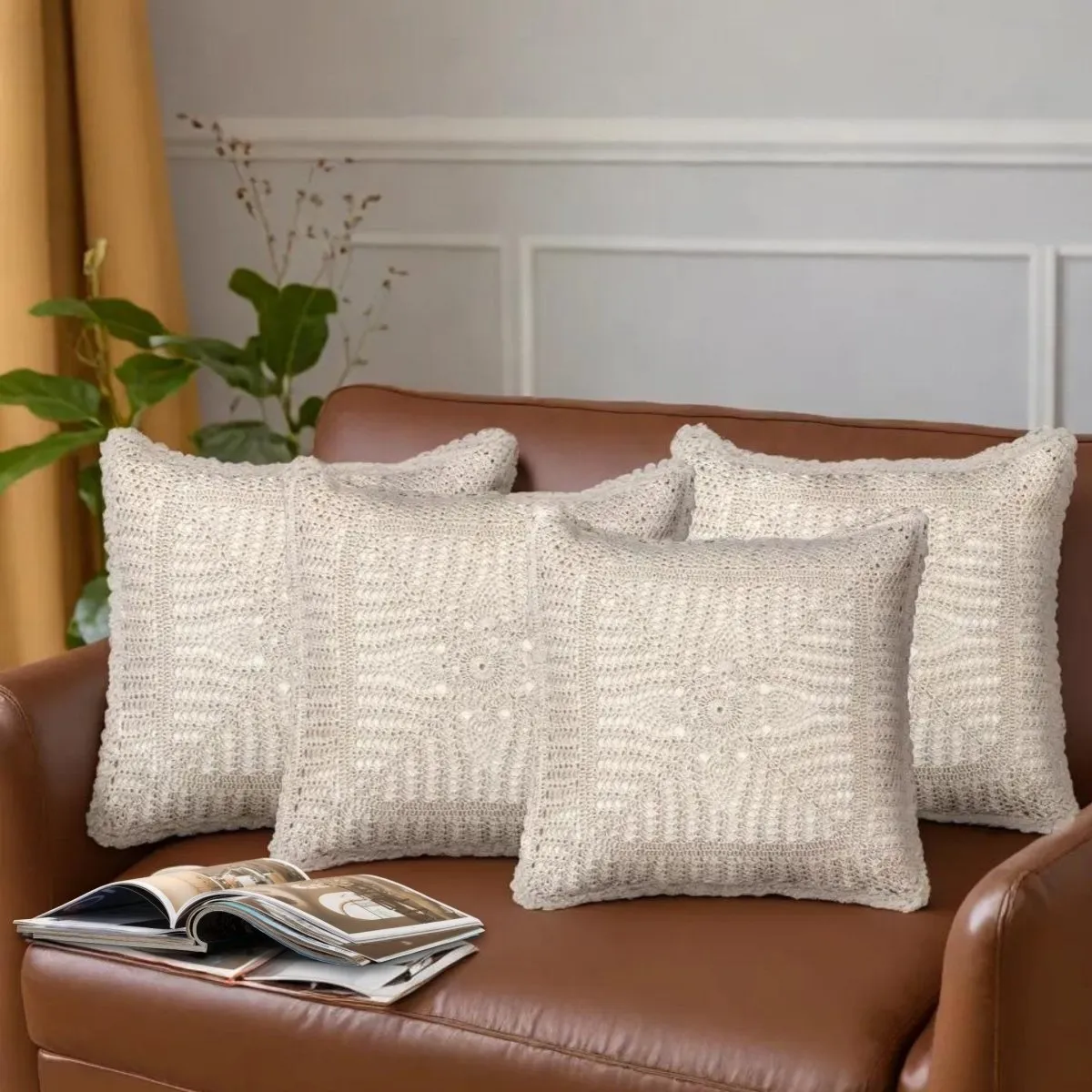 Crochet Cotton Square Cushion Cover With A Floret Pattern In White | Set Of 1/2/4 | 16" x 16" | Handmade In India