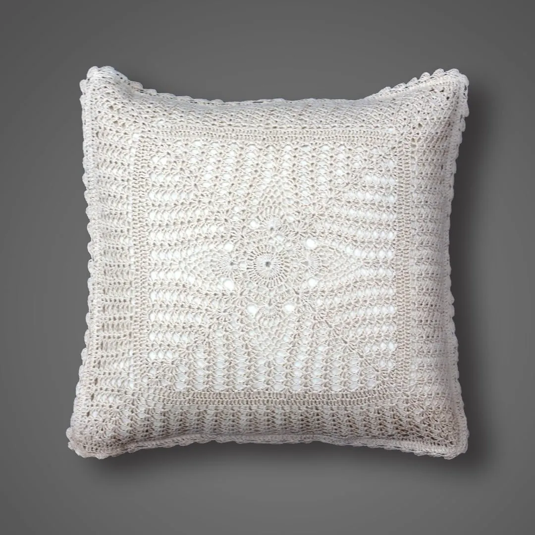 Crochet Cotton Square Cushion Cover With A Floret Pattern In White | Set Of 1/2/4 | 16" x 16" | Handmade In India