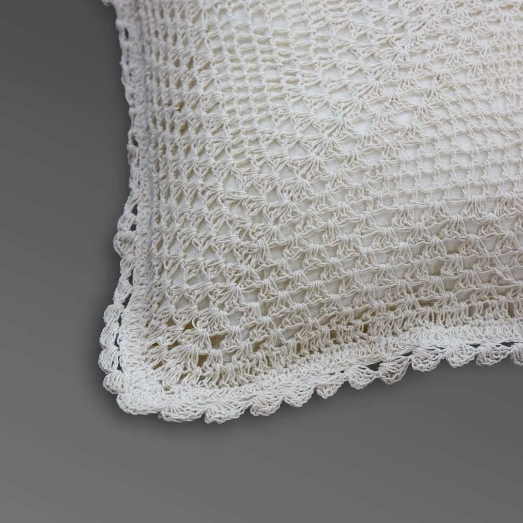 Crochet Cotton Square Cushion Cover With A Floret Pattern In White | Set Of 1/2/4 | 16" x 16" | Handmade In India